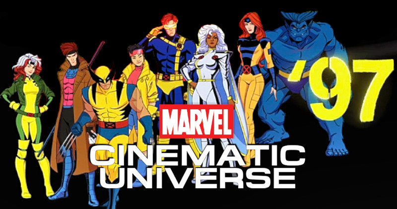 Personagens de X-Men 97 (Vampira, Gambit, Wolverine, Jubileu, Ciclope, Tempestade, Jean Grey e Fera) atrás do logo do MCU da Marvel